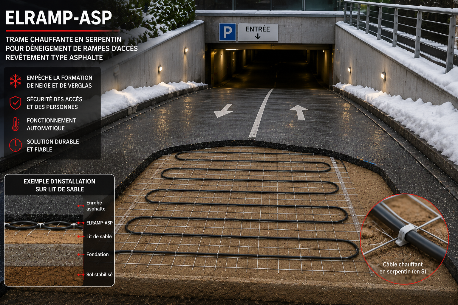 ELRAMP-ASP - Déneigement de rampes d'accès en asphalte Trame chauffante ELRAMP-ASP installée sous un revêtement en asphalte pour le déneigement des rampes d'accès et parkings